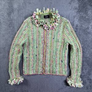 Estelle Art To Wear Knit Jacket M/L Green Pink Textured Fringe Collar Cuffs